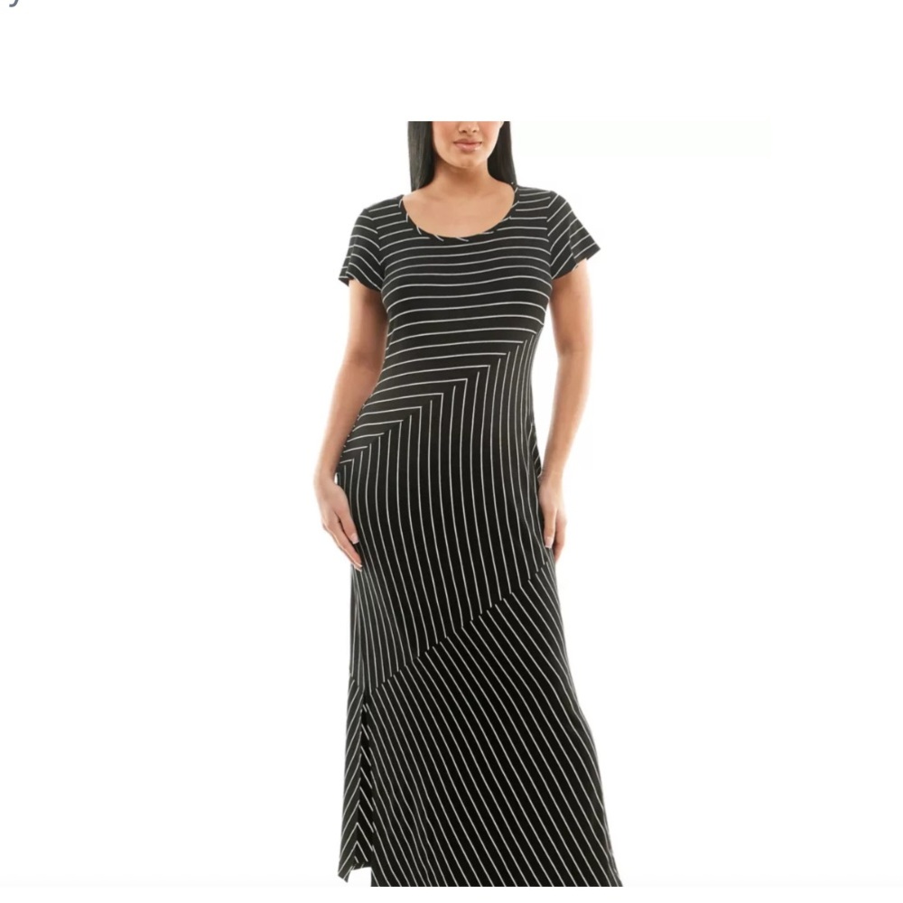 🦋 NINA LEONARD like New Black & White Asymmetrical striped maxi SZ M Side vents